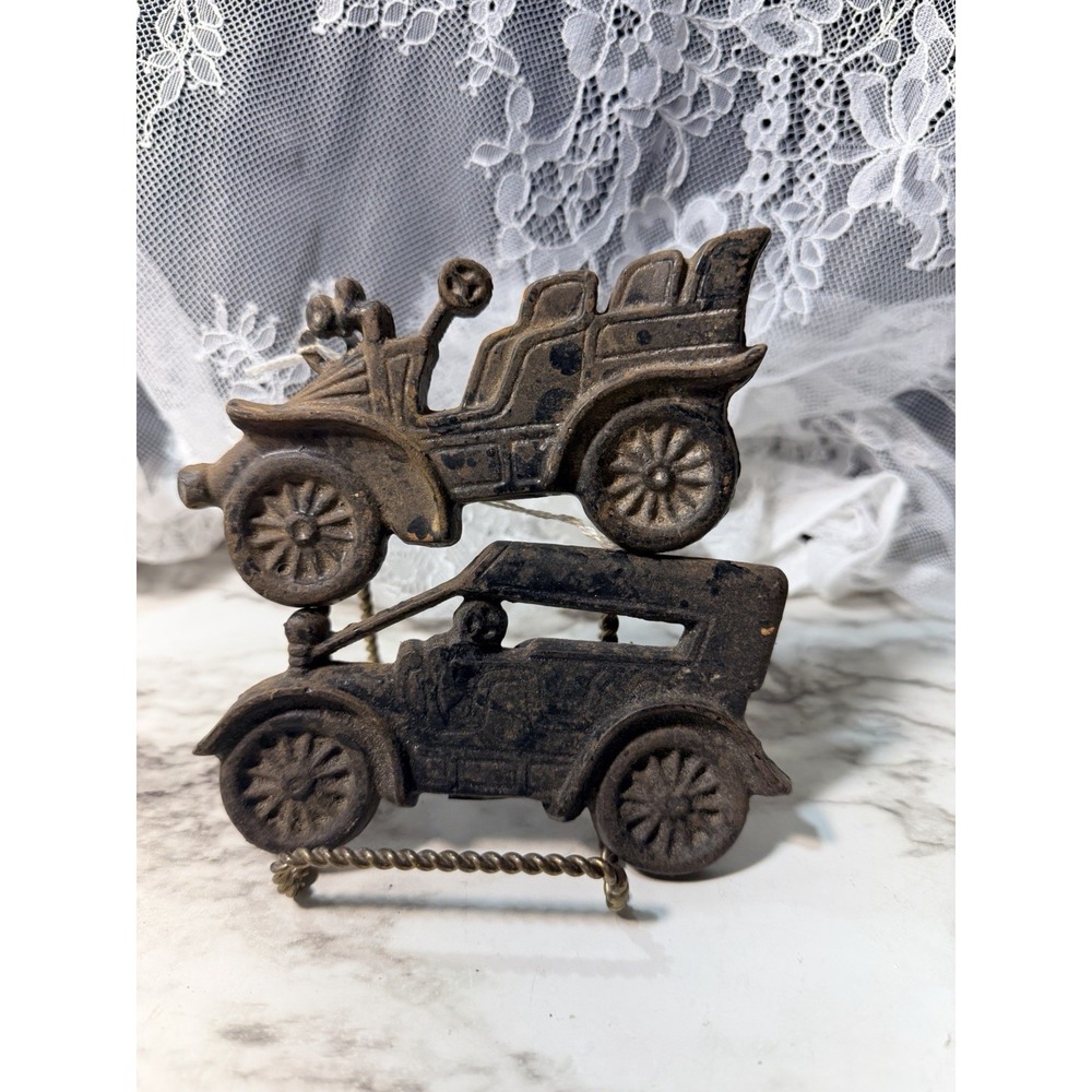 2~ CAST IRON‎ WALL ART ANTIQUE CARS 4.5" X 2.5" EACH (2986)